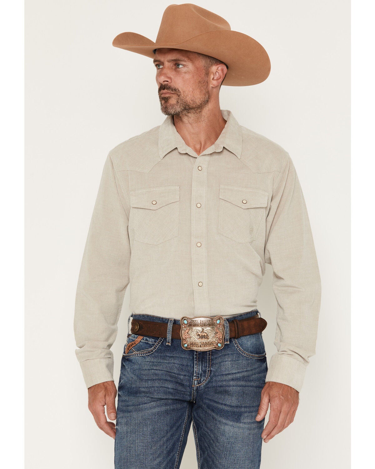 Image #1 - Ariat Men's Retro Handorh Solid Corduroy Long Sleeve Snap Western Shirt, Sand, hi-res