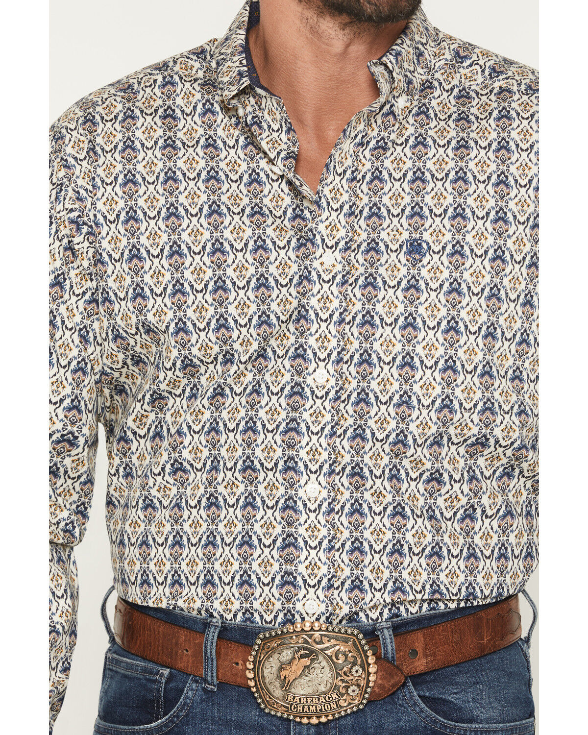 Image #3 - Ariat Men's Damon Medallion Print Long Sleeve Button-Down Western Shirt, Cream, hi-res