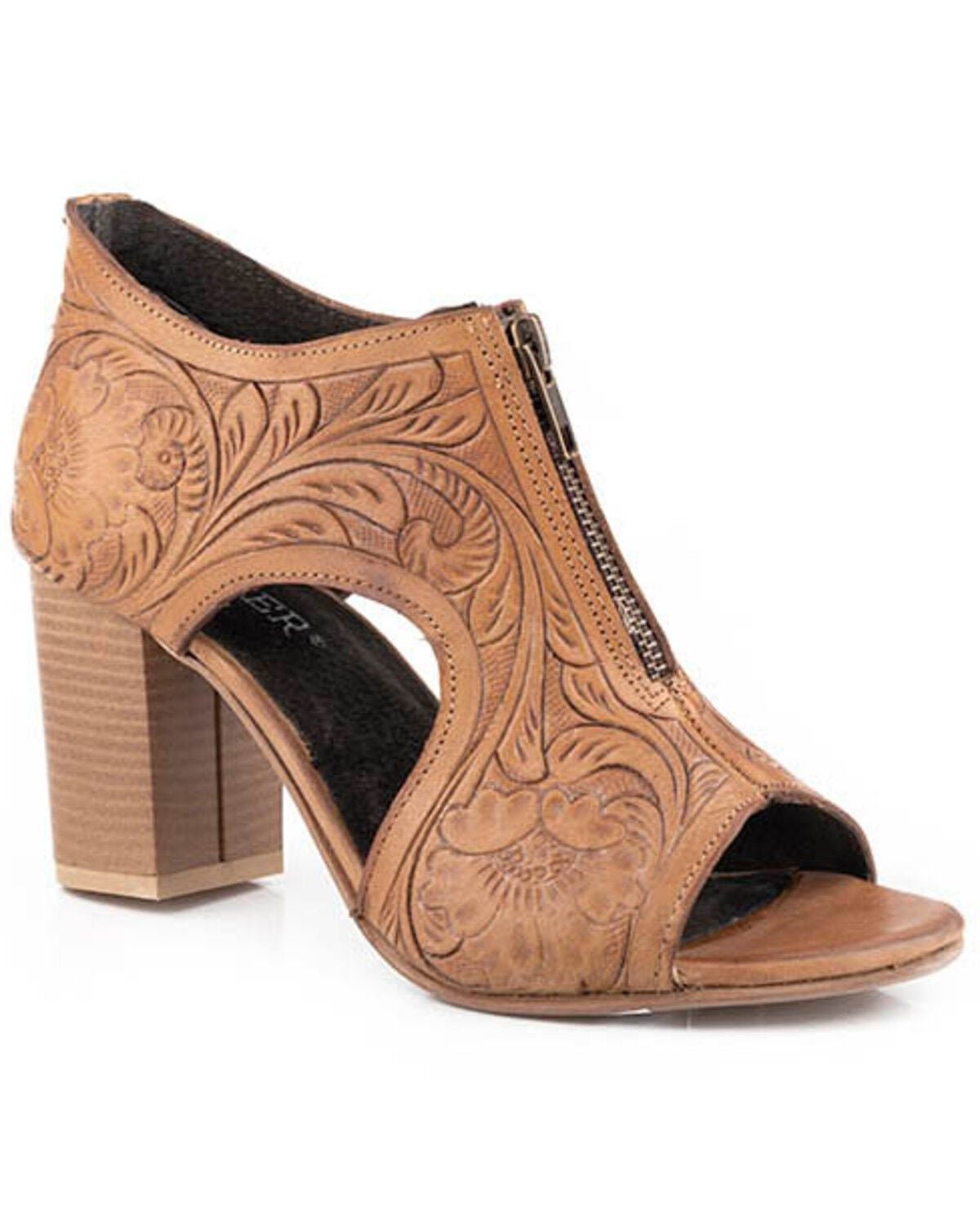 Roper Women's Mika Front Zip Tooled Heels, Tan, hi-res