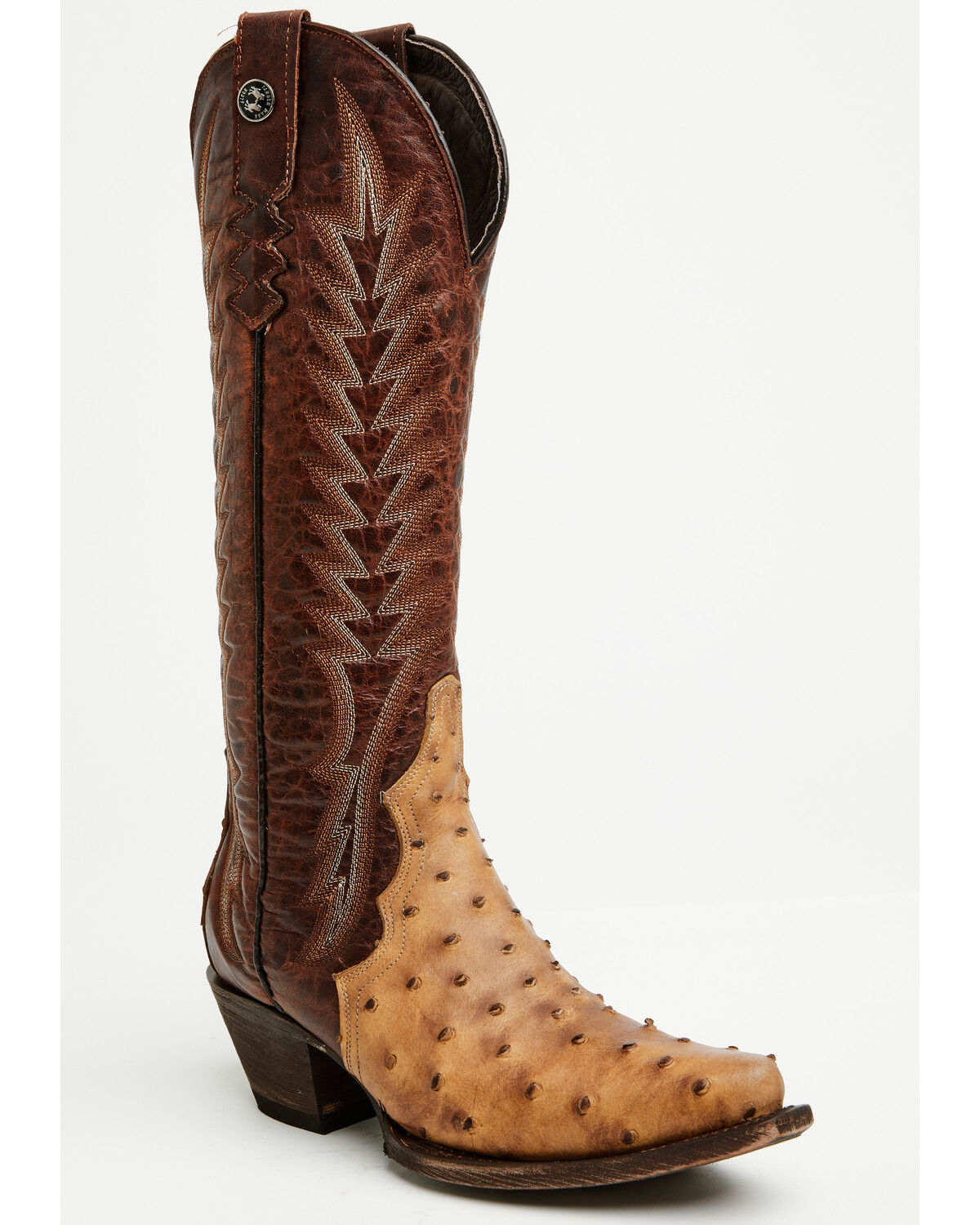 Image #1 - Tanner Mark Women's Ostrich Print Tall Western Boots - Snip Toe, Brown, hi-res