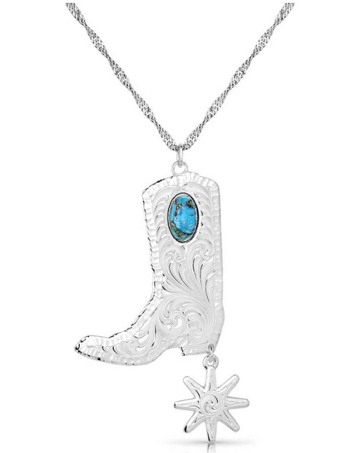 Montana Silversmiths Women's Chiseled Boots & Spurs Turquoise Necklace, Silver, hi-res