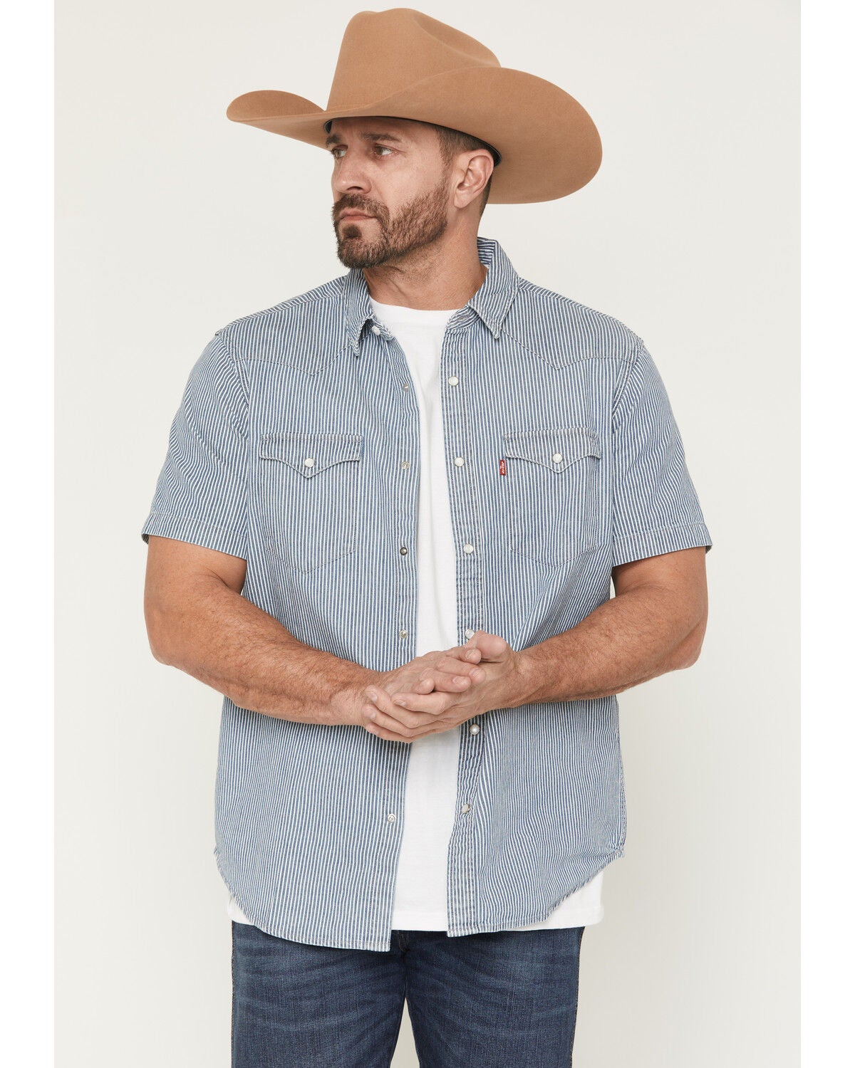 Levi's Men's Classic Picadilly Striped Short Sleeve Snap Western Shirt, Navy, hi-res