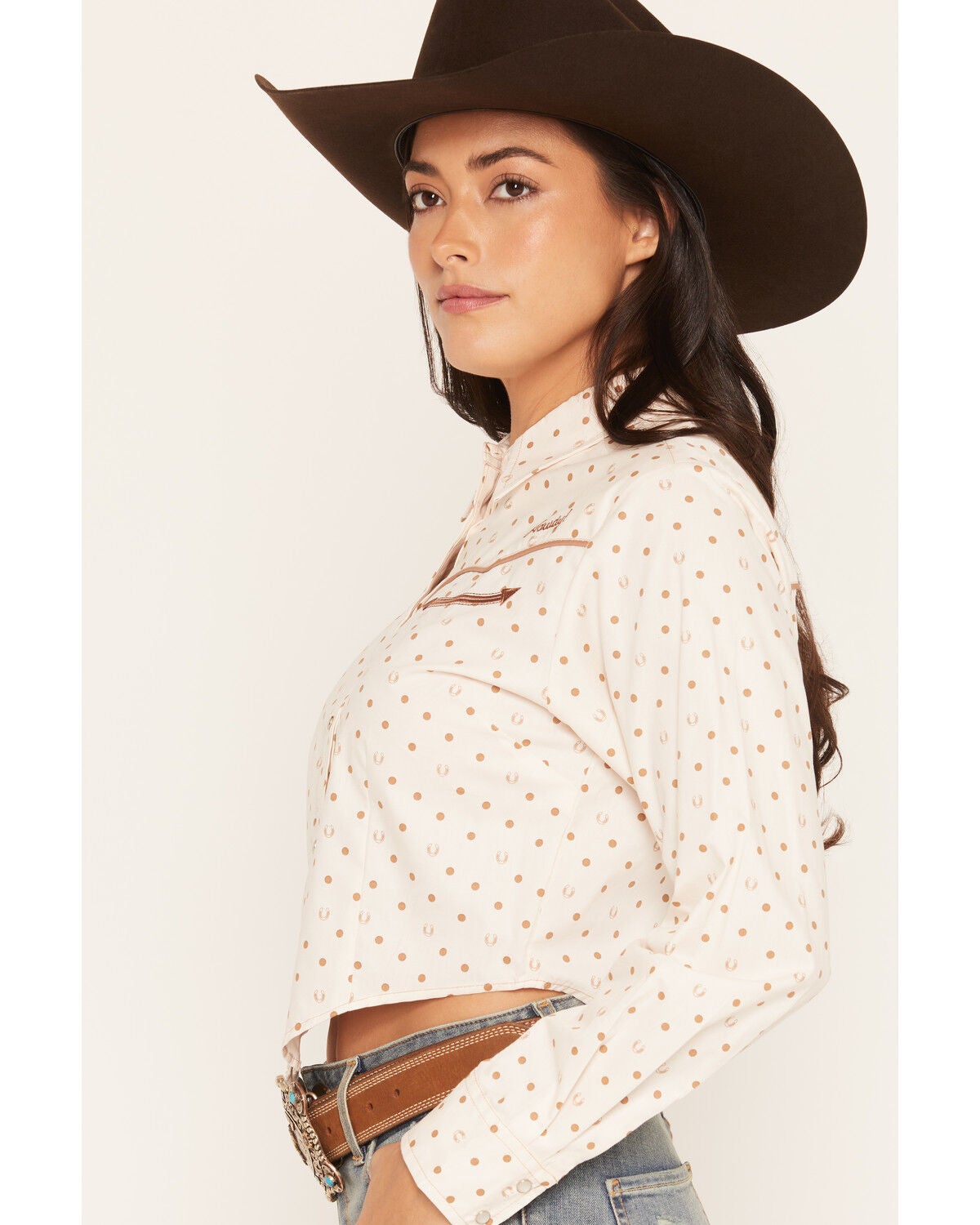 Image #2 - Ely Walker Women's Boot Barn Exclusive Polka Dot Print Long Sleeve Pearl Snap Cropped Western Shirt, Ivory, hi-res