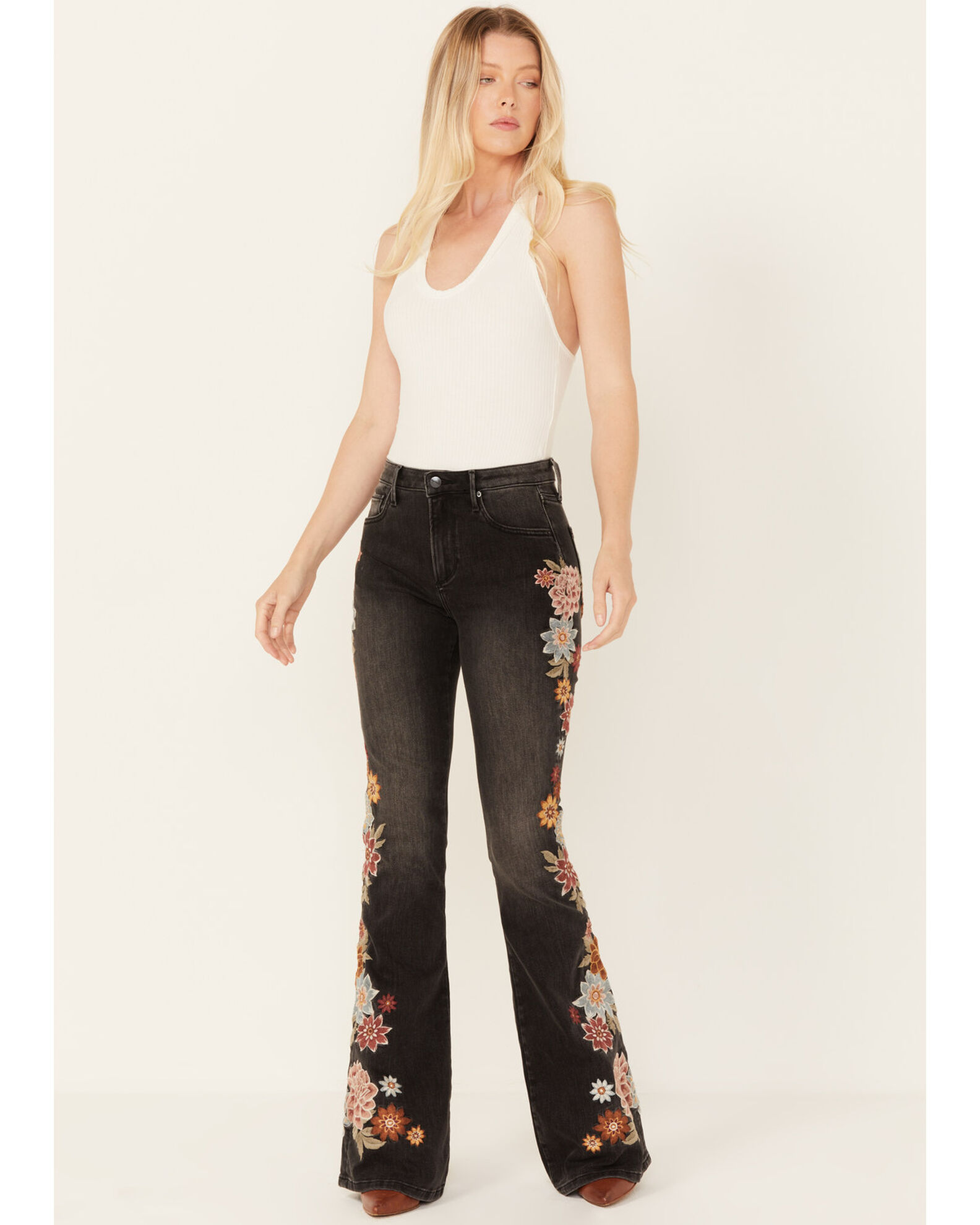 Driftwood Women's Medium Wash High Rise Floral Embroidered Stretch