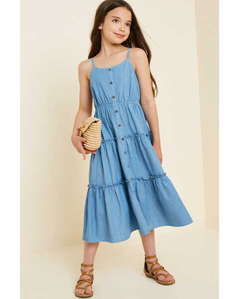 Hayden Girls' Denim Tiered Button-Down Midi Dress , Blue, hi-res
