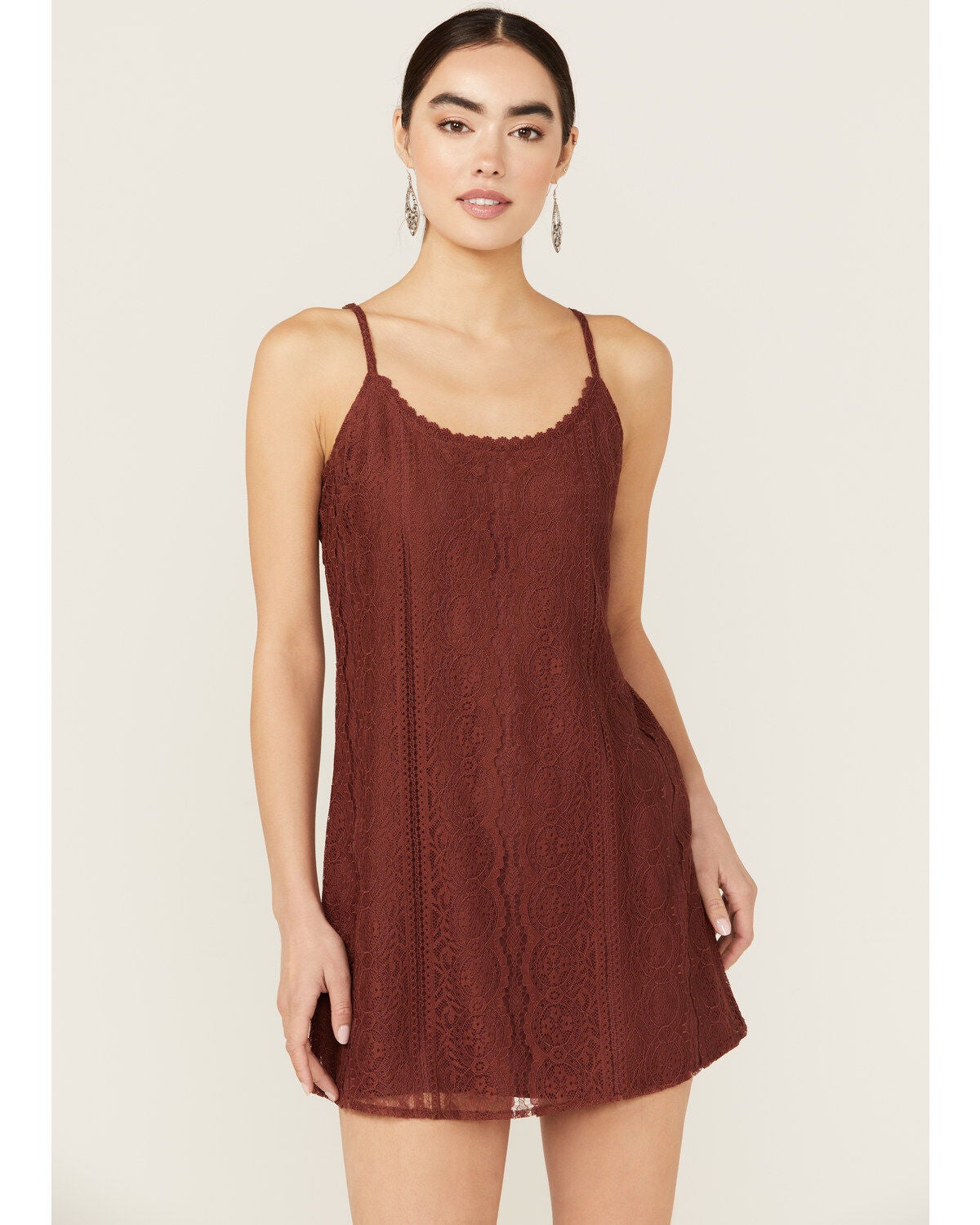 Shyanne Women's Lace Slip Mini Dress, Brown, hi-res