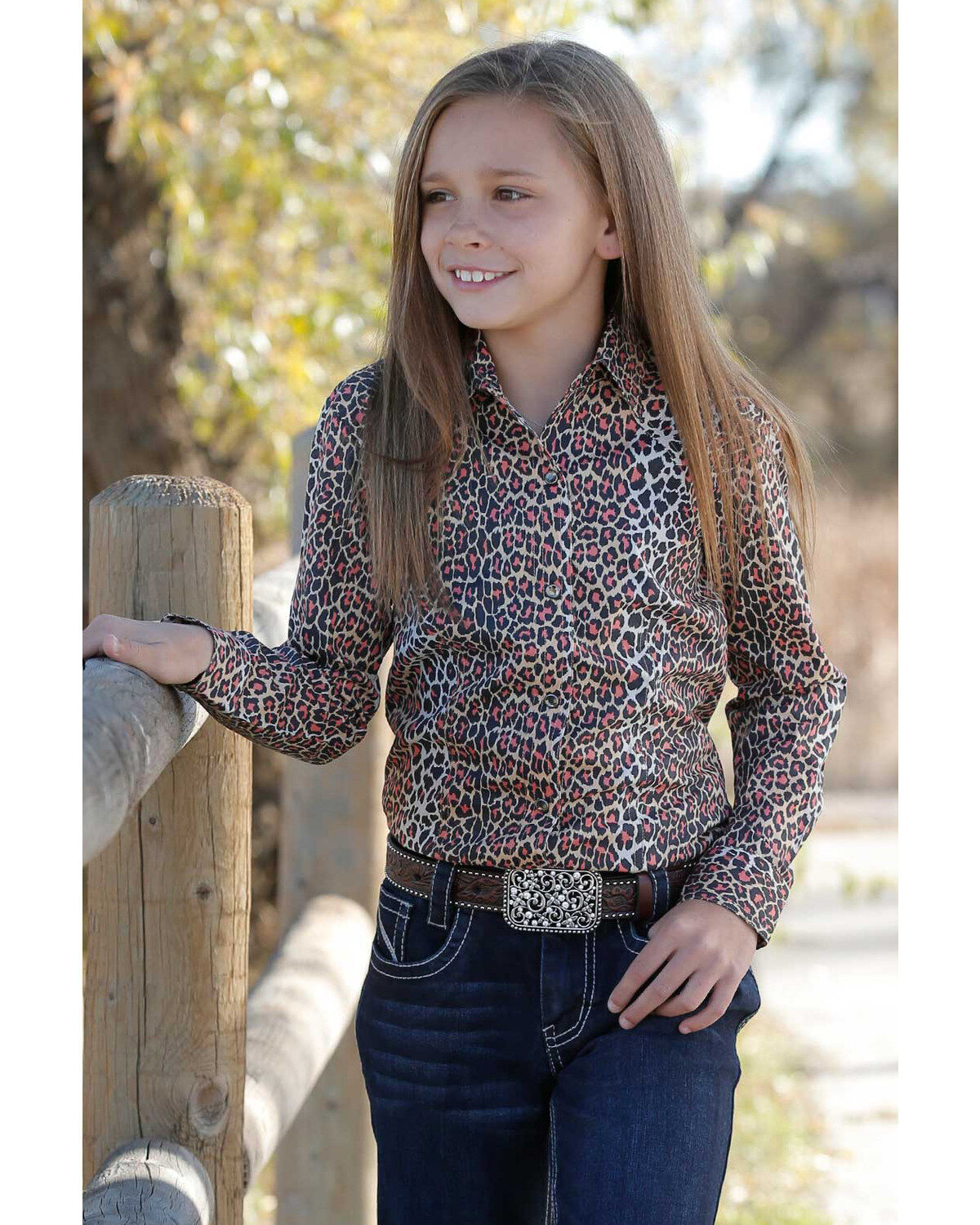 Image #1 - Cruel Girl Girls' Beige Leopard Print Long Sleeve Western Shirt, , hi-res