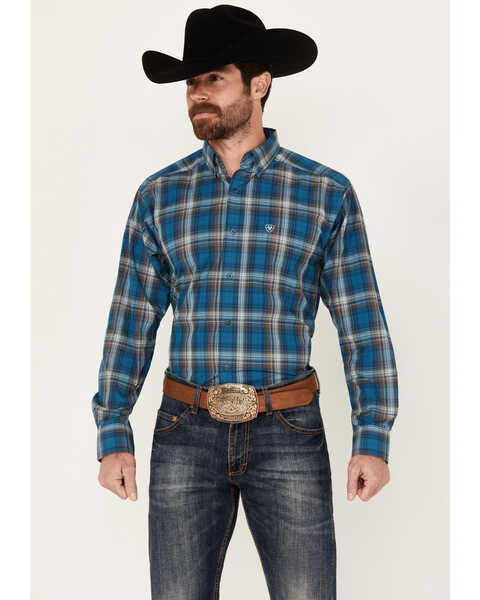 Ariat Men's Geron Plaid Print Long Sleeve Button-Down Western Shirt , Blue, hi-res