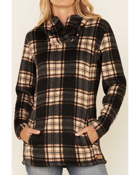 Powder River Outfitters Women's Brown Plaid Cowl Neck Fleece Hoodie , Brown, hi-res