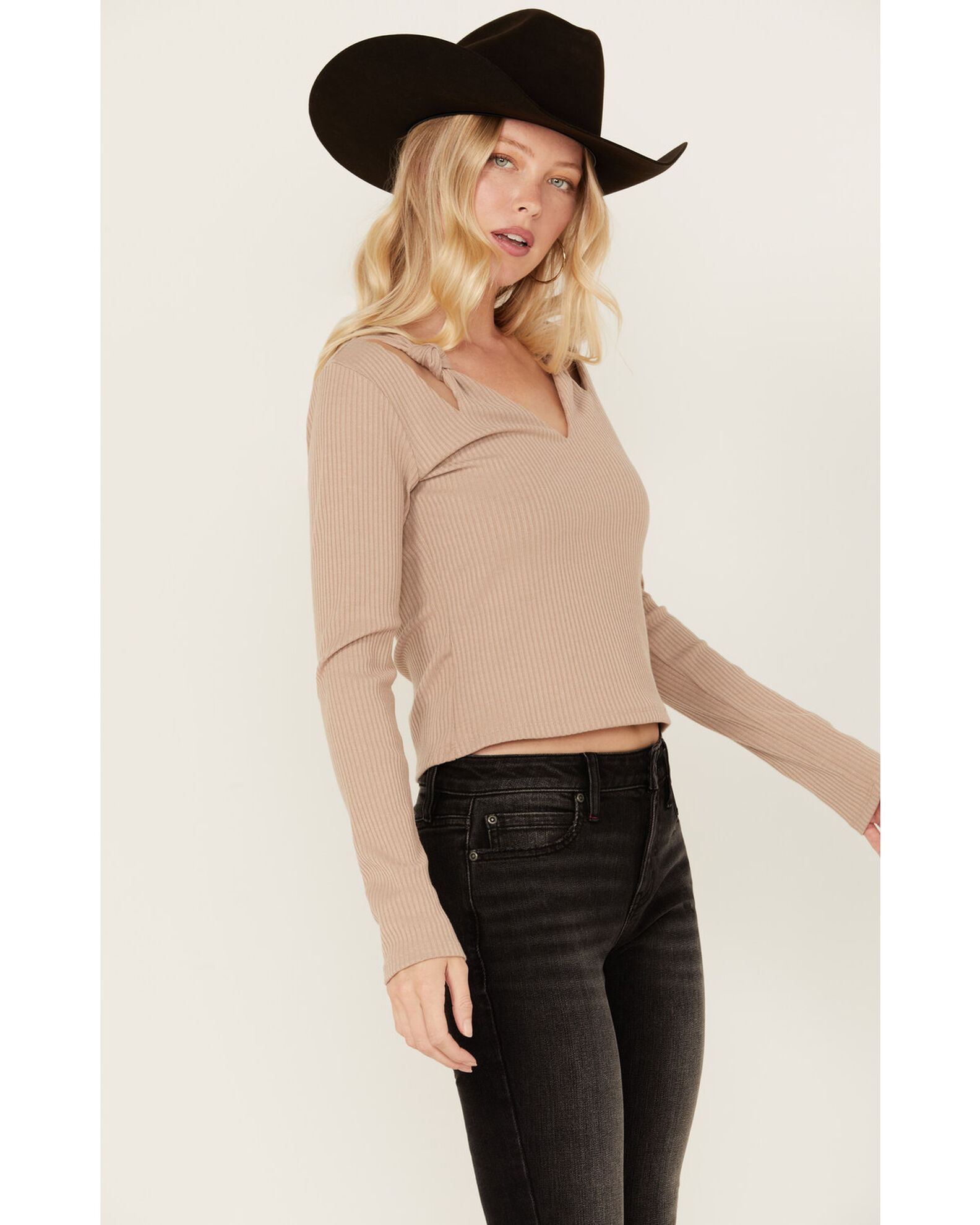Image #1 - Miss Me Women's Boot Barn Exclusive Solid Long Sleeve Knit Top, Taupe, hi-res