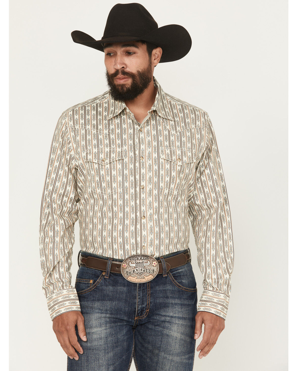 Image #1 - Wrangler Retro Men's Southwestern Print Long Sleeve Snap Western Shirt, Cream, hi-res
