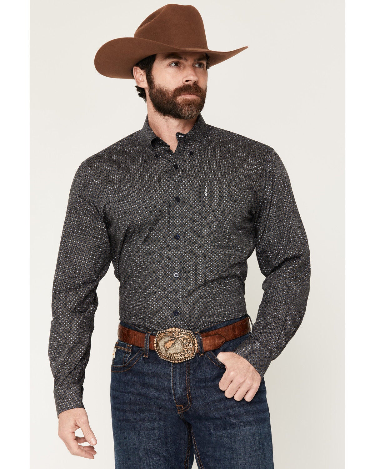 Image #1 - Cinch Men's Geo Print Long Sleeve Button-Down Stretch Western Shirt, Navy, hi-res