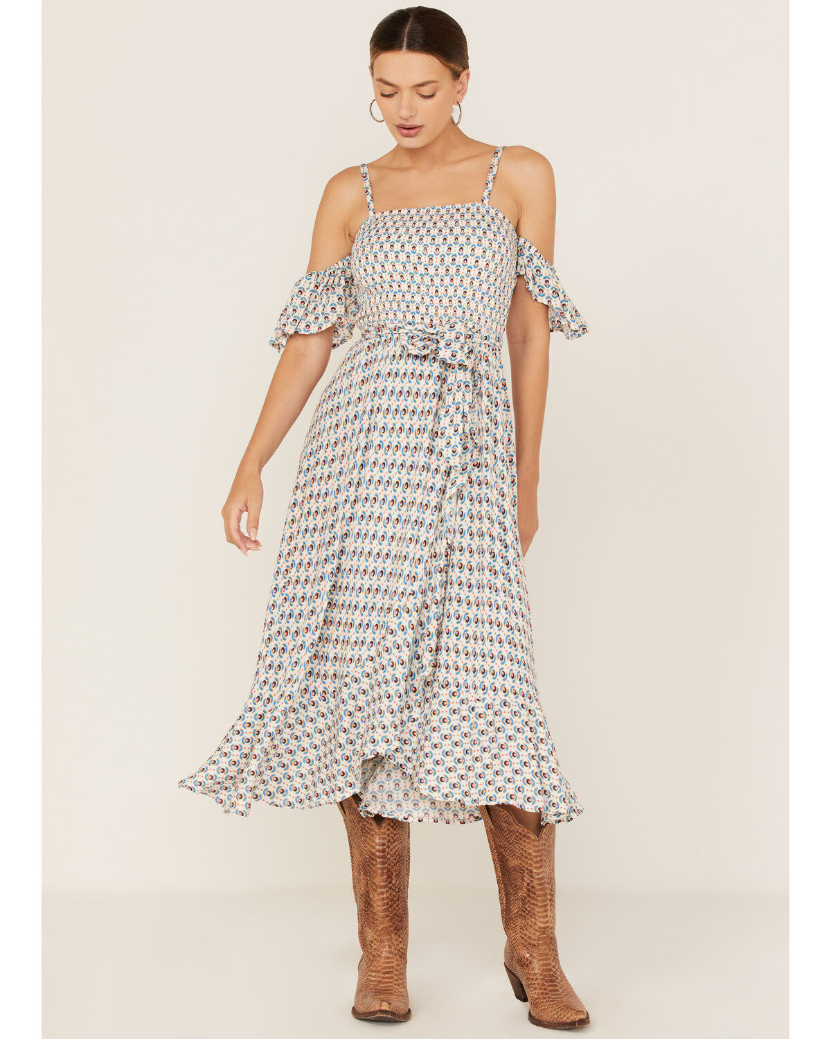 Image #1 - Band of the Free Women's Prism Geo Print Off Shoulder Smocked Wrap Midi Dress, Blue, hi-res
