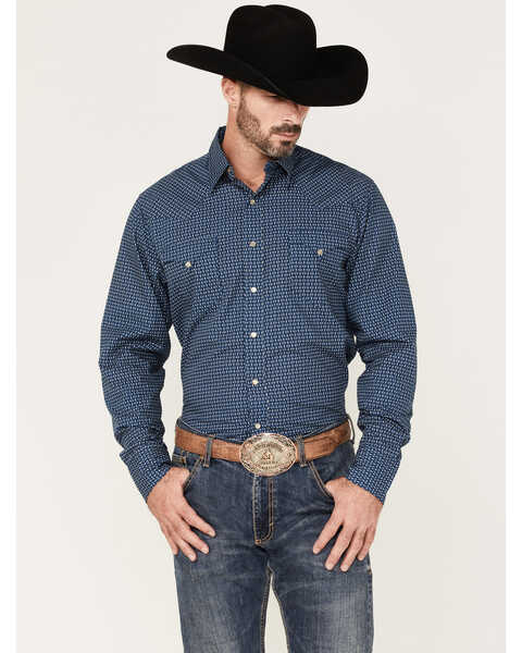 Roper Men's West Made Geo Print Long Sleeve Pearl Snap Western Shirt, Blue, hi-res