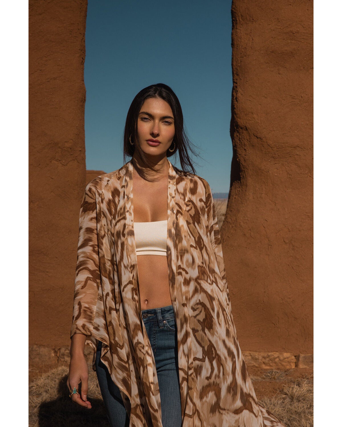 Shyanne Women's Horse Print Chiffon Kimono, Coffee, hi-res