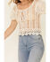 Very J Women's Open Weave Scallop Hem Short Sleeve Button-Down Crop Top , Natural, hi-res
