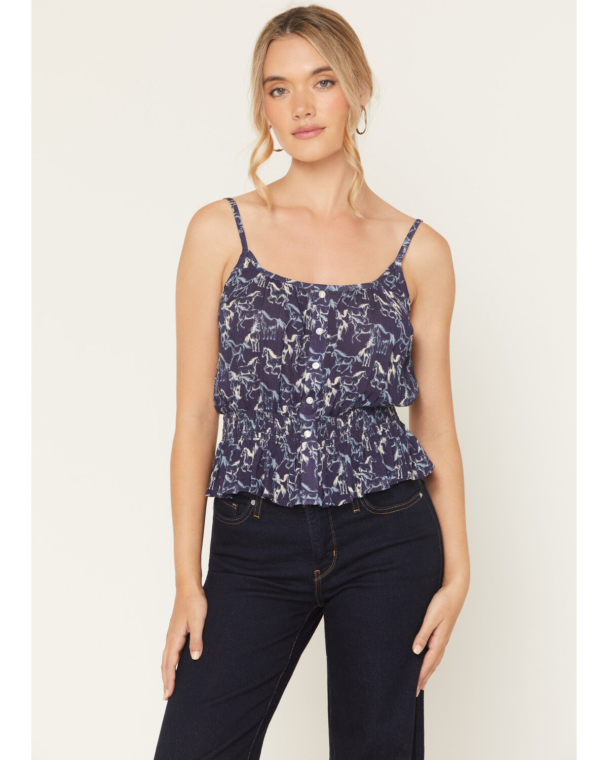 Image #1 - Rock & Roll Denim Women's Running Horses Sleeveless Button-Down Tank Top, Navy, hi-res