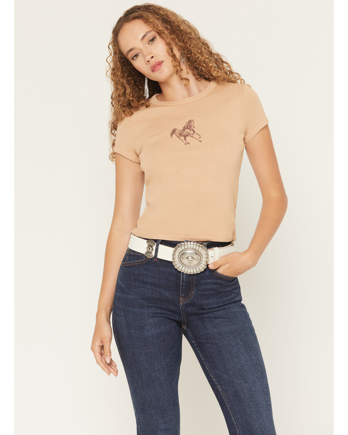 Image #1 - Originality Women's Horse Short Sleeve Baby Tee, Tan, hi-res