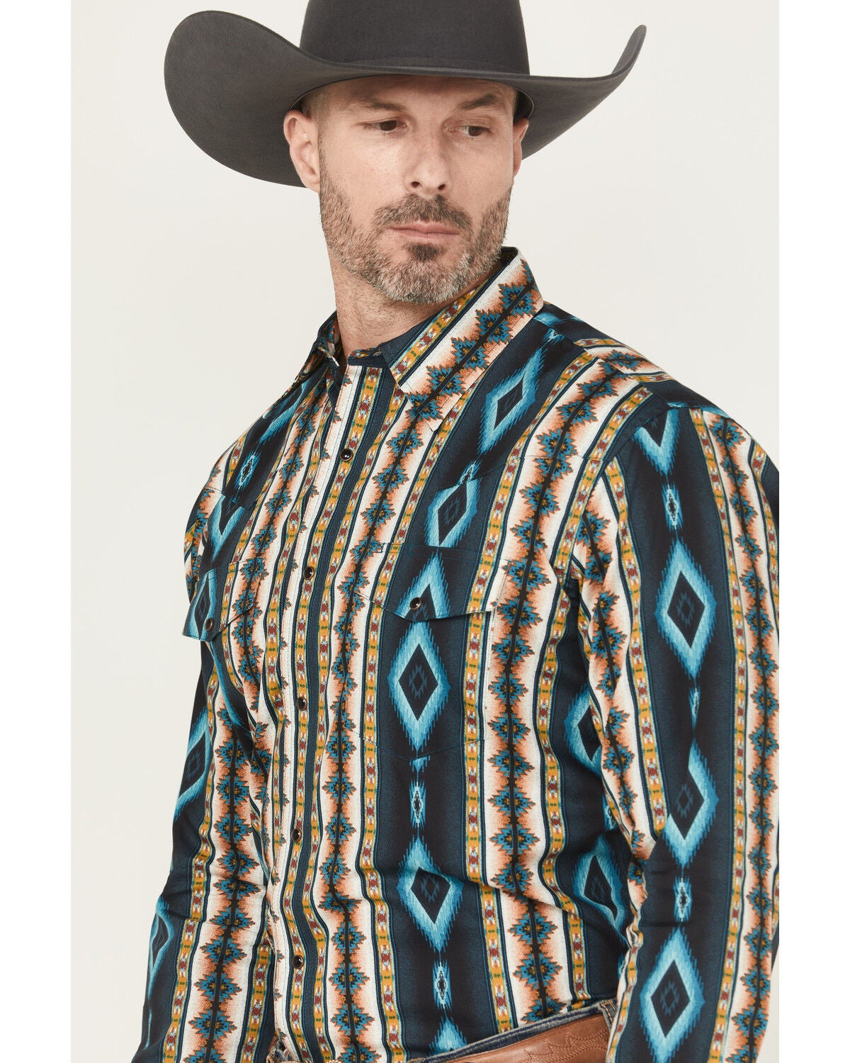 Image #2 - Wrangler Men's Checotah Southwestern Print Long Sleeve Snap Western Shirt, Teal, hi-res