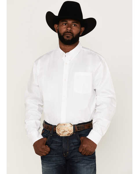 RANK 45 Men's Solid Basic Twill Logo Long Sleeve Button-Down Western Shirt , White, hi-res