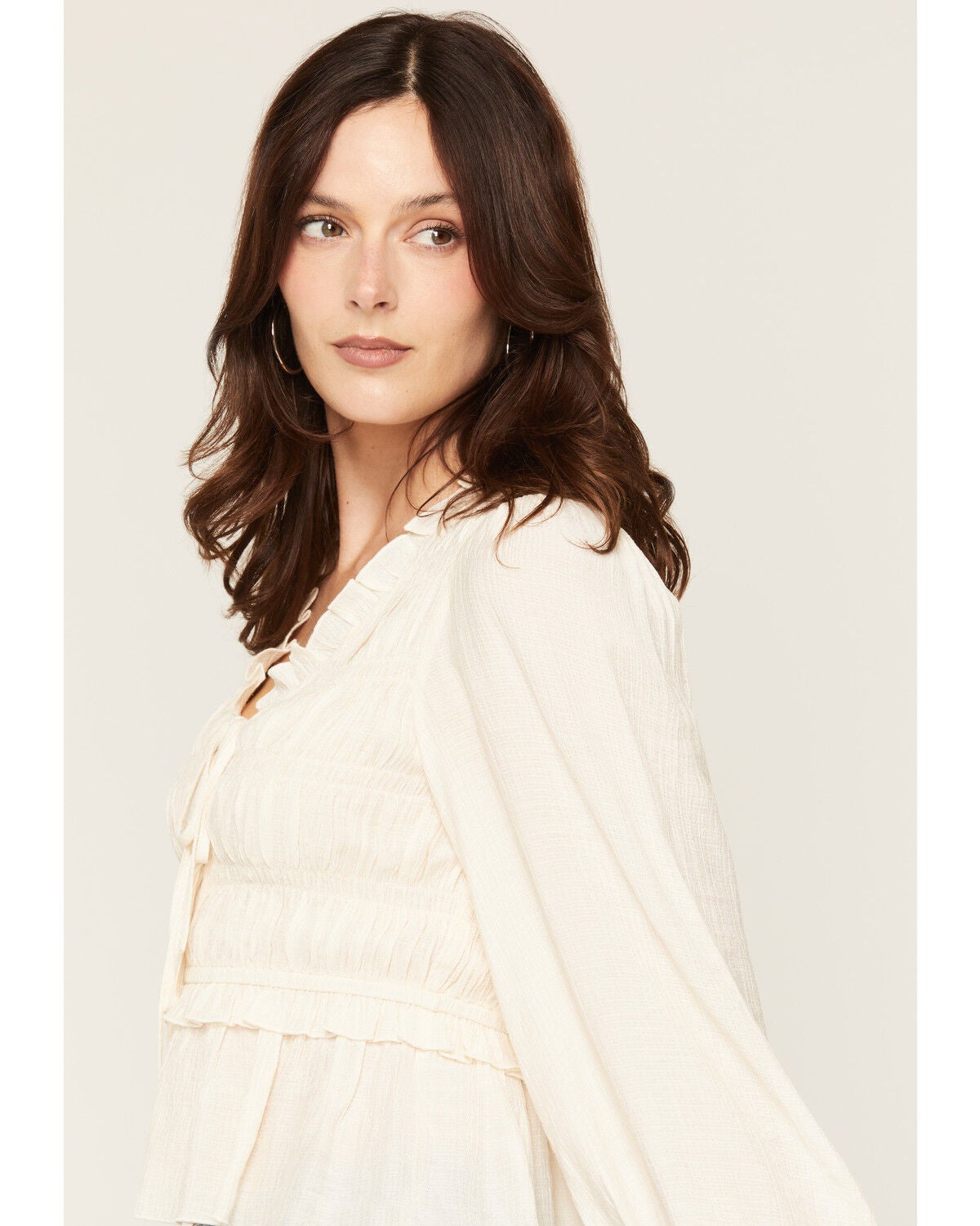 Image #2 - Yura Women's Solid Smocked Long Sleeve Tie-Front Shirt, Cream, hi-res