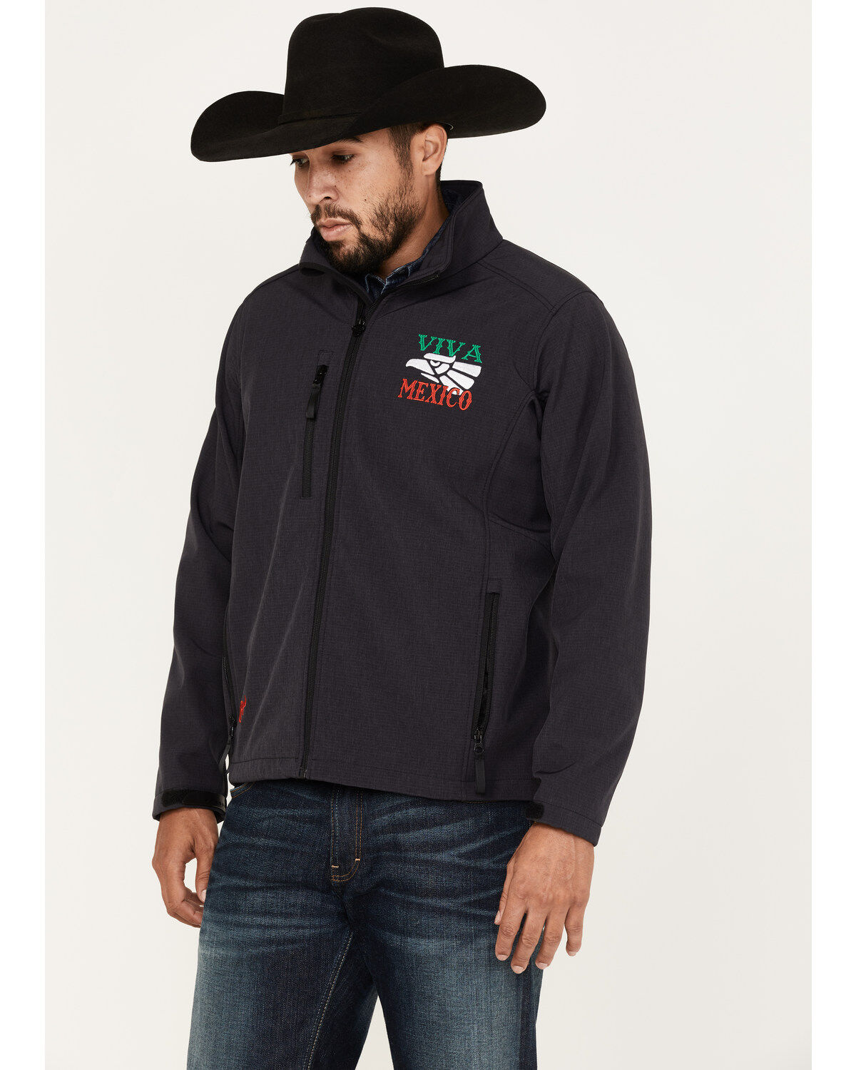 Image #2 - Cowboy Hardware Men's Viva Mexico Embroidered Zip-Front Softshell Jacket, Grey, hi-res