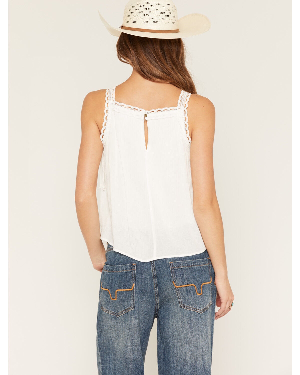 Image #4 - Eyeshadow Women's Cross Stitch Embroidered Lace Trim Tank, White, hi-res