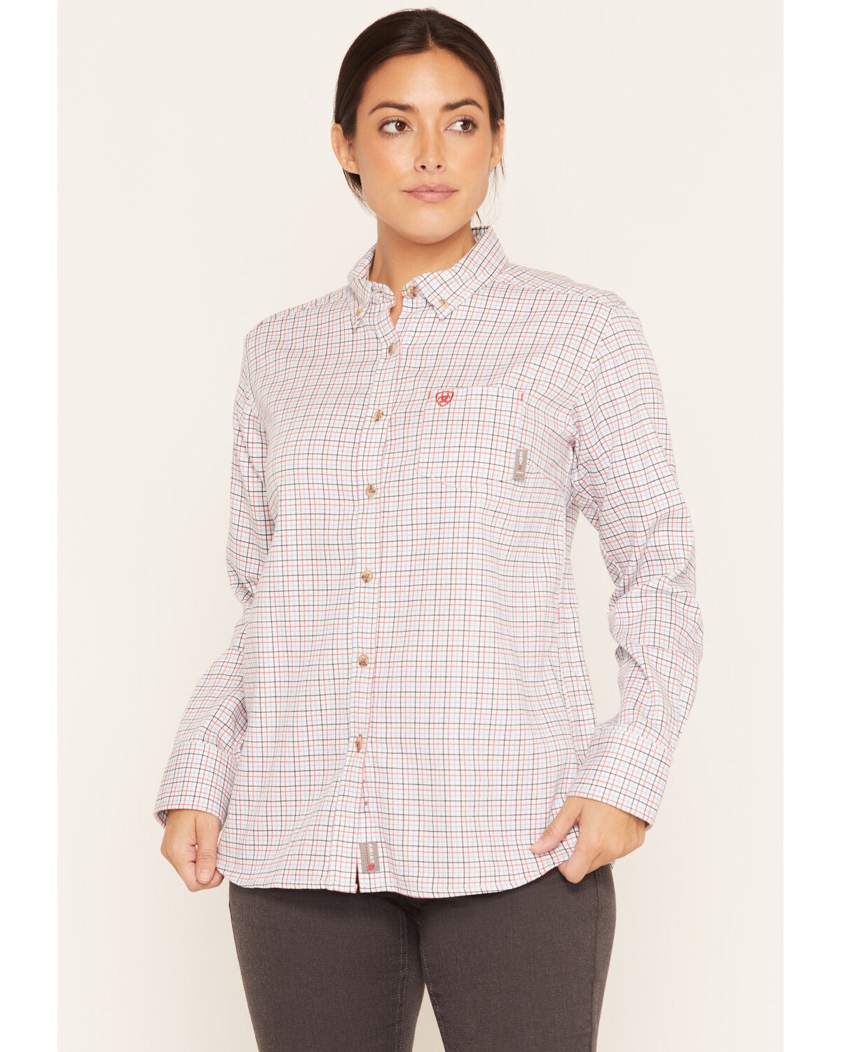Ariat Women's FR Gauge Plaid Print Long Sleeve Button-Down Work Shirt, Multi, hi-res