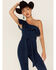 Flying Tomato Women's Leia One Shoulder Denim Jumpsuit, Blue, hi-res