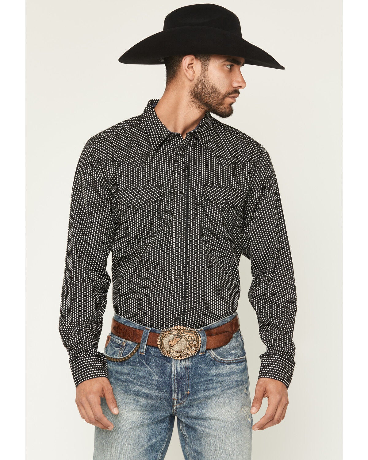 Moonshine Spirit Men's Side Stage Geo Print Long Sleeve Snap Western Shirt, Black, hi-res