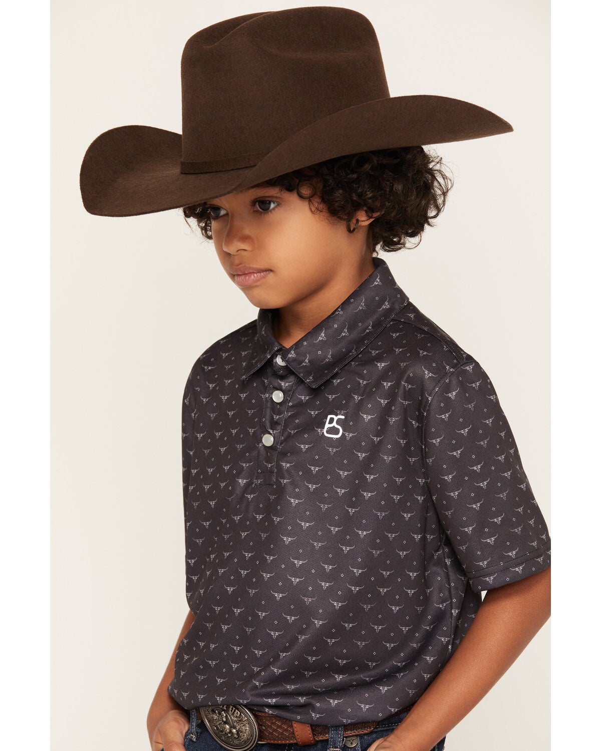 Image #2 - Panhandle Slim Boys' Steer Head Print Short Sleeve Polo, Black, hi-res
