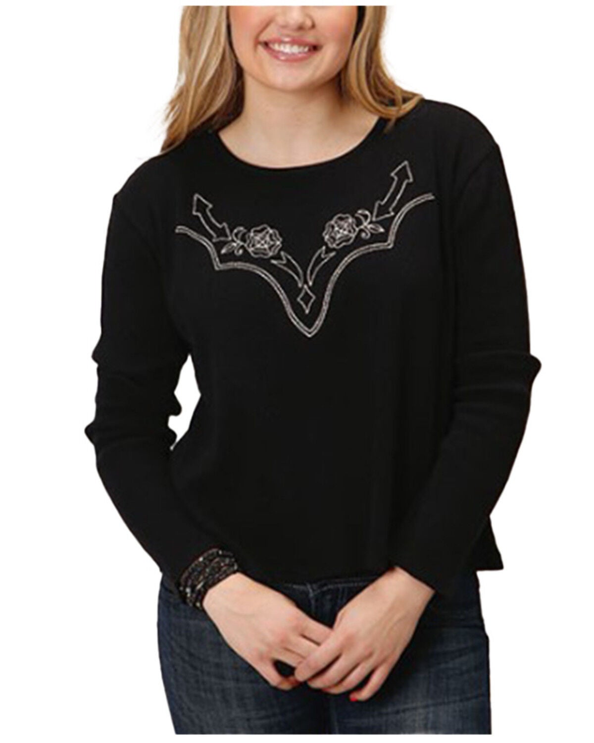 Roper Women's Waffle-Slub Knit Boyfriend Top, Black, hi-res