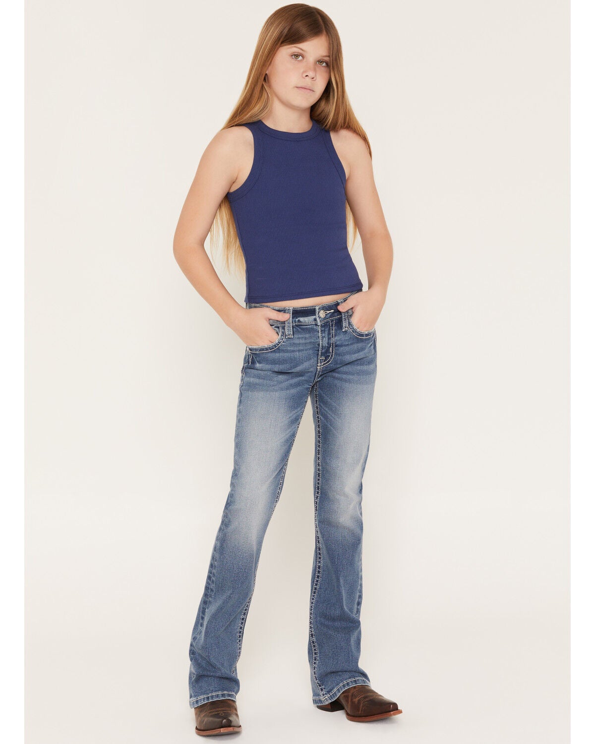 Image #3 - Miss Me Girls' Medium Wash Floral Fleur de Lis Bootcut Stretch Denim Jeans, Medium Wash, hi-res