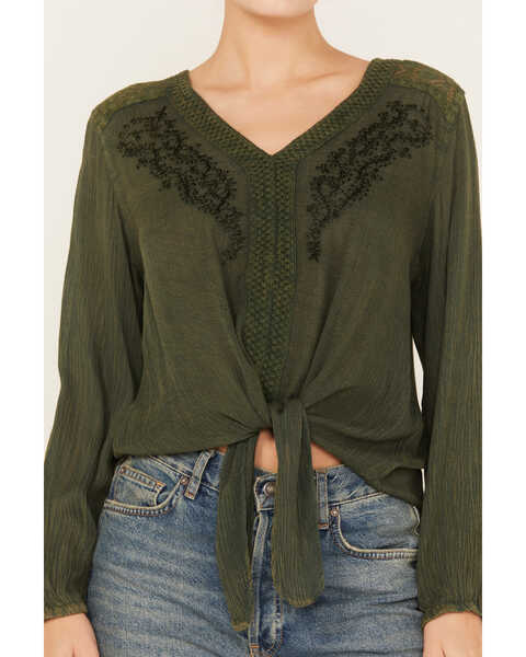 Image #3 - Nostalgia Women's Embroidered Tie Front Long Sleeve Top, Olive, hi-res
