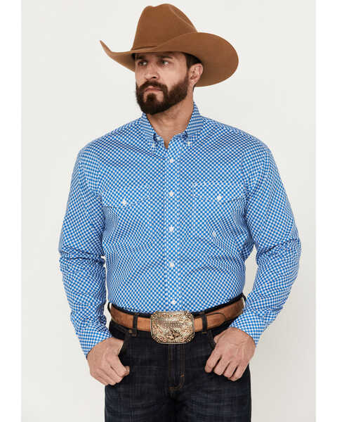 Roper Men's Amarillo Small Print Long Sleeve Button Down Stretch Western Shirt, Blue, hi-res