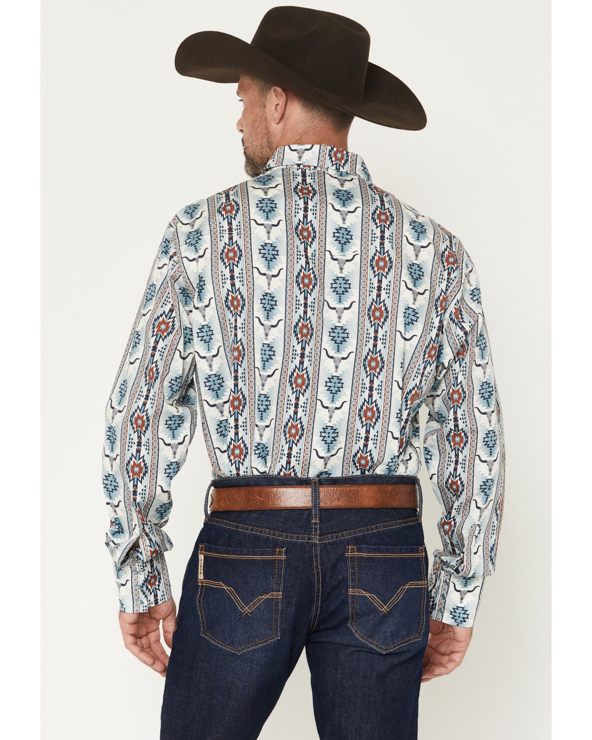 Image #4 - Wrangler Men's Checotah Southwestern Striped Long Sleeve Pearl Snap Western Shirt, Blue, hi-res