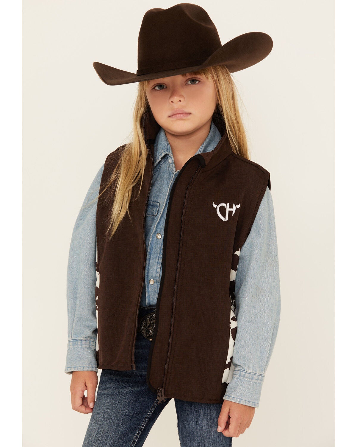 Cowgirl Hardware Girls' Cow Print Accent Vest, Chocolate, hi-res