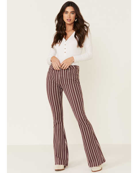 Image #1 - Rock & Roll Denim Women's Maroon Stripe Flare Jeans , , hi-res