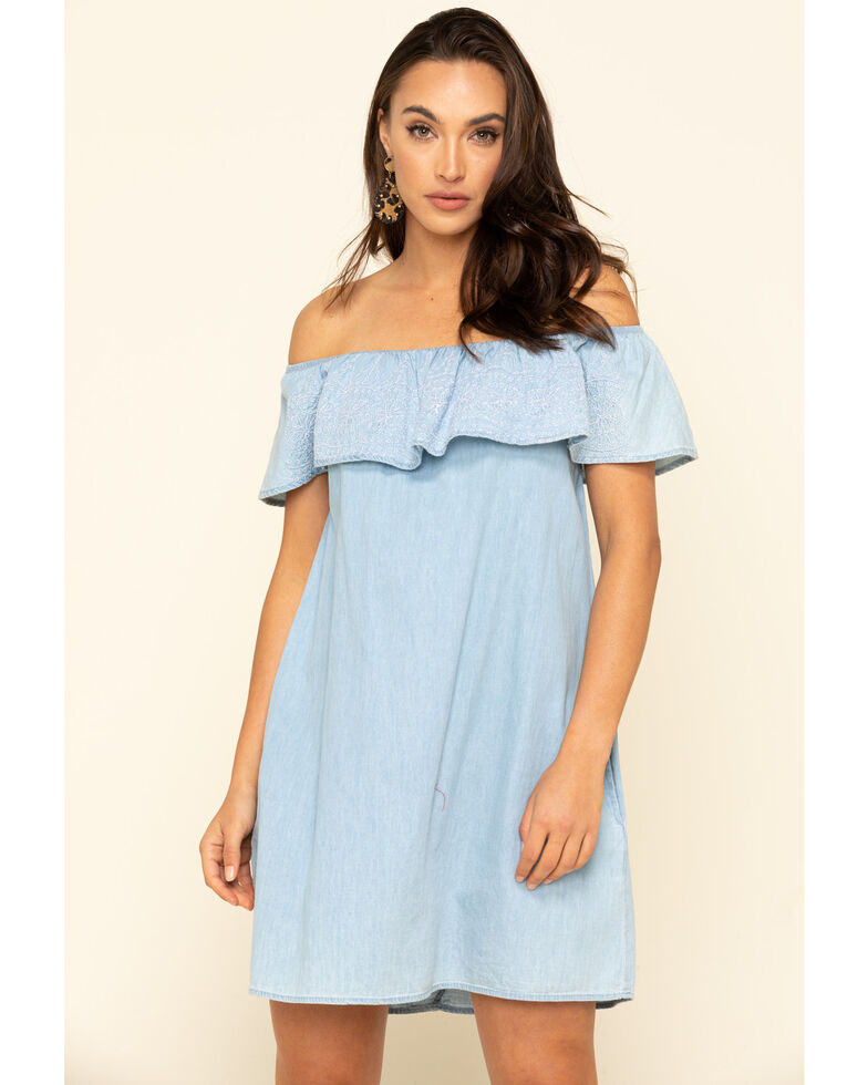 Red Label by Panhandle Women's Chambray Ruffle Off The Shoulder Dress, Blue, hi-res