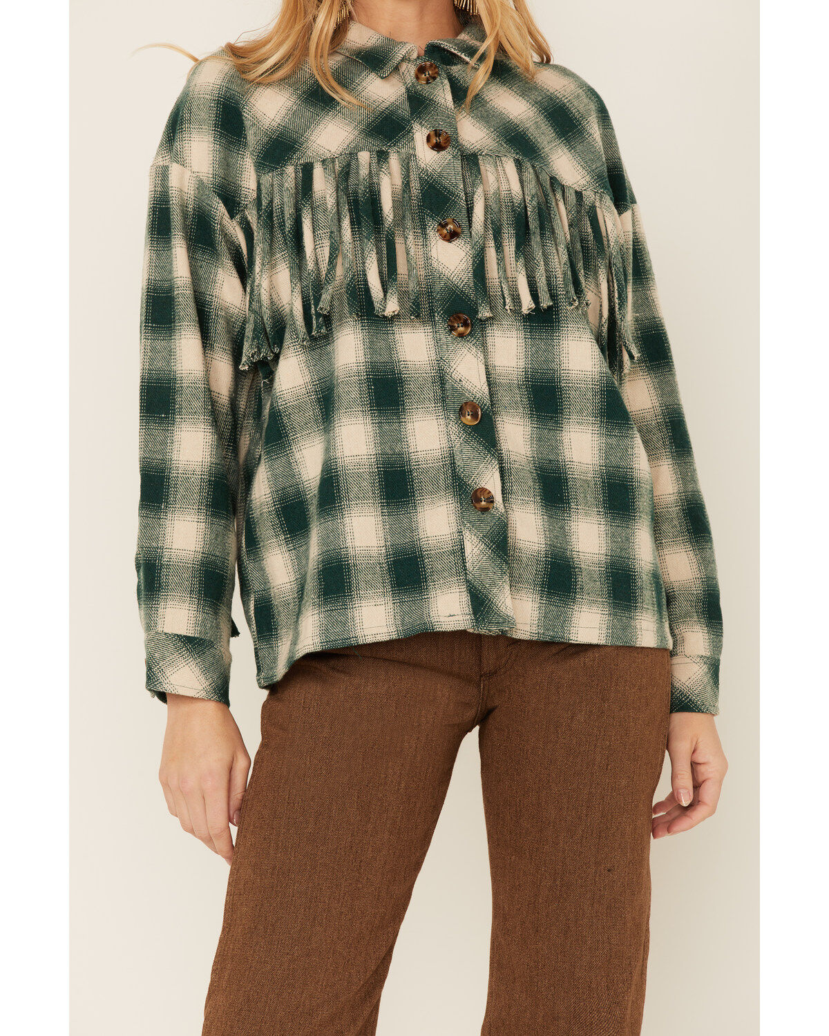 Image #2 - Entro Women's Green Plaid Fringe Yoke Shacket, Green, hi-res