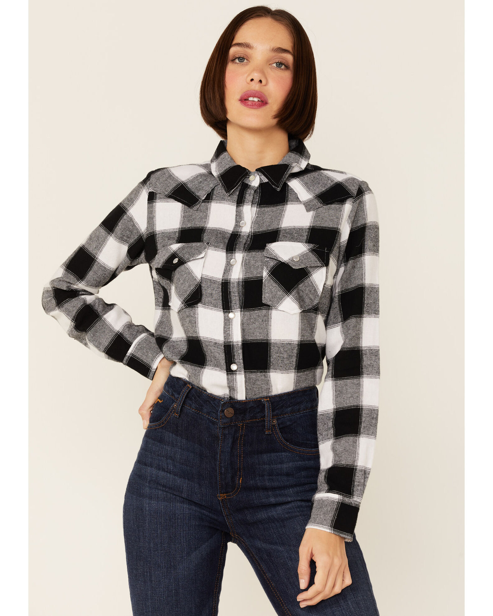Product Name Wrangler Women s Buffalo Plaid Long Sleeve Snap Western Flannel Shirt Black White