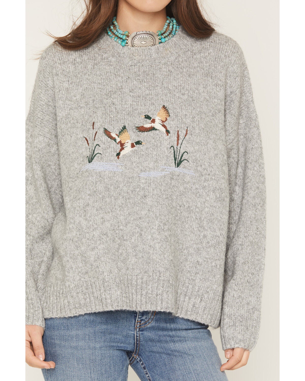 Image #3 - Bailey Rose Women's Embroidered Duck Sweater, Grey, hi-res