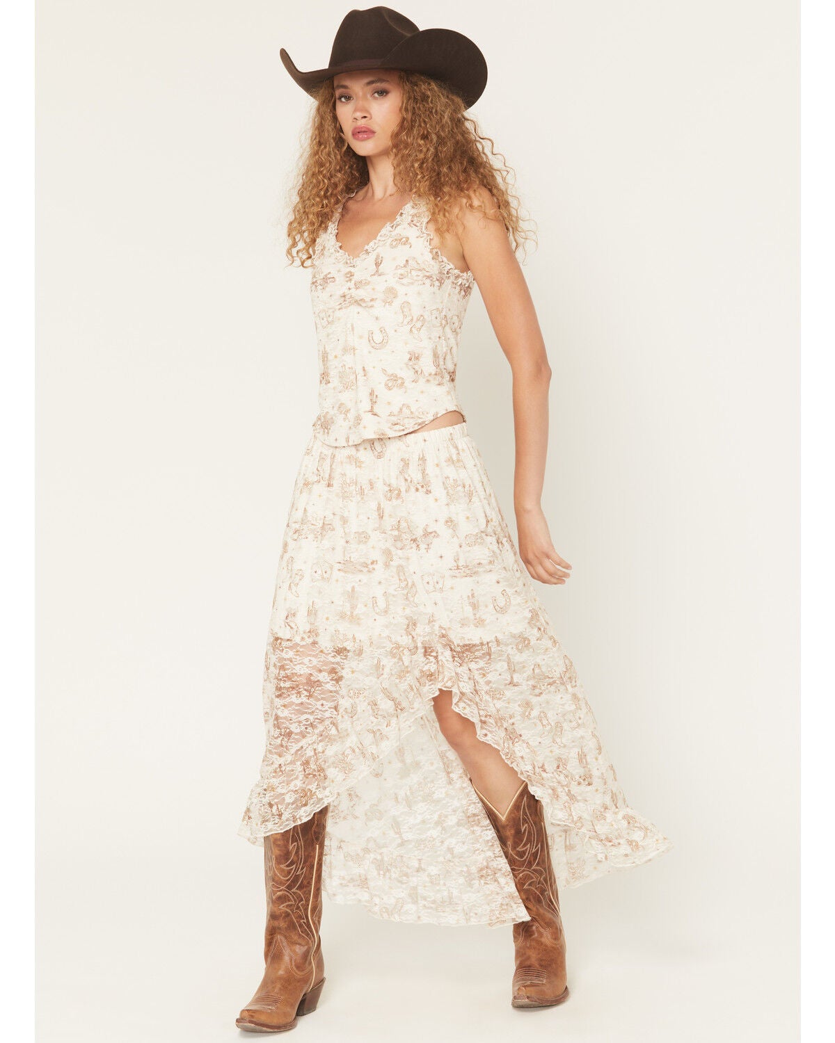 Shyanne Women's Western Conversation Print Lace High-Low Skirt, Ivory, hi-res