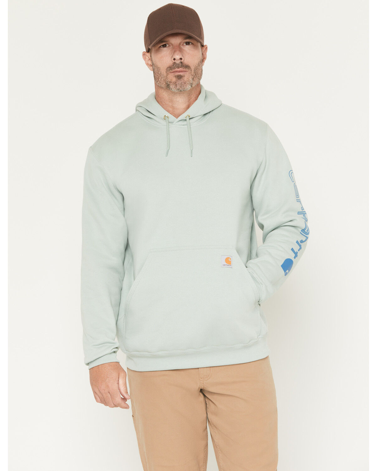 Image #1 - Carhartt Men's Loose Fit Midweight Logo Sleeve Graphic Hooded Sweatshirt, Light Blue, hi-res