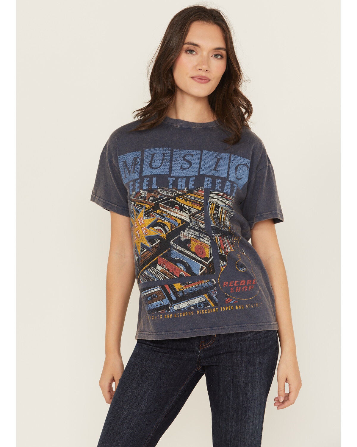 Cleo + Wolf Women's Elliot Record Short Sleeve Boyfriend Graphic Tee, Navy, hi-res