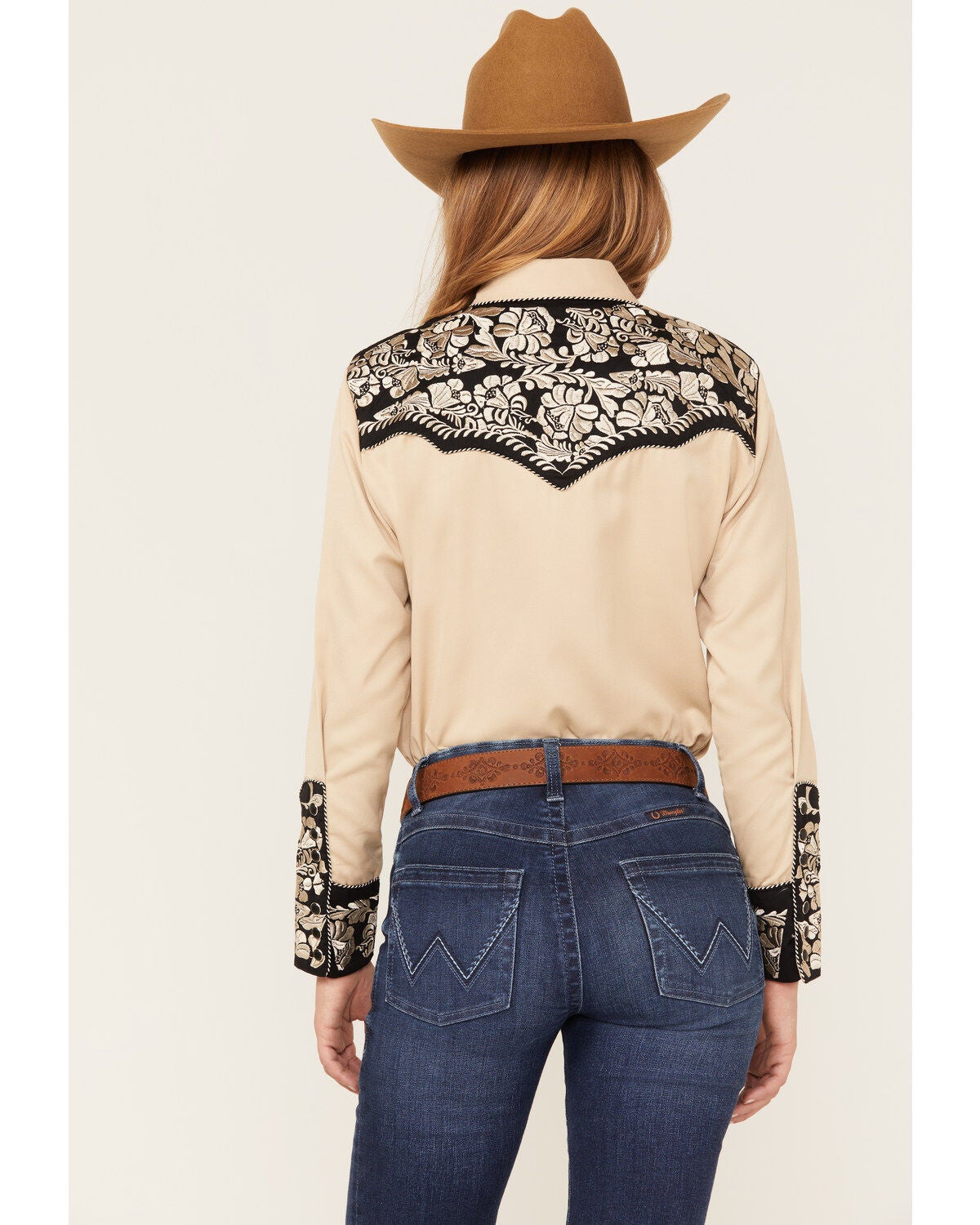 Image #4 - Scully Women's Floral Tooled Embroidered Long Sleeve Western Shirt, Black/tan, hi-res
