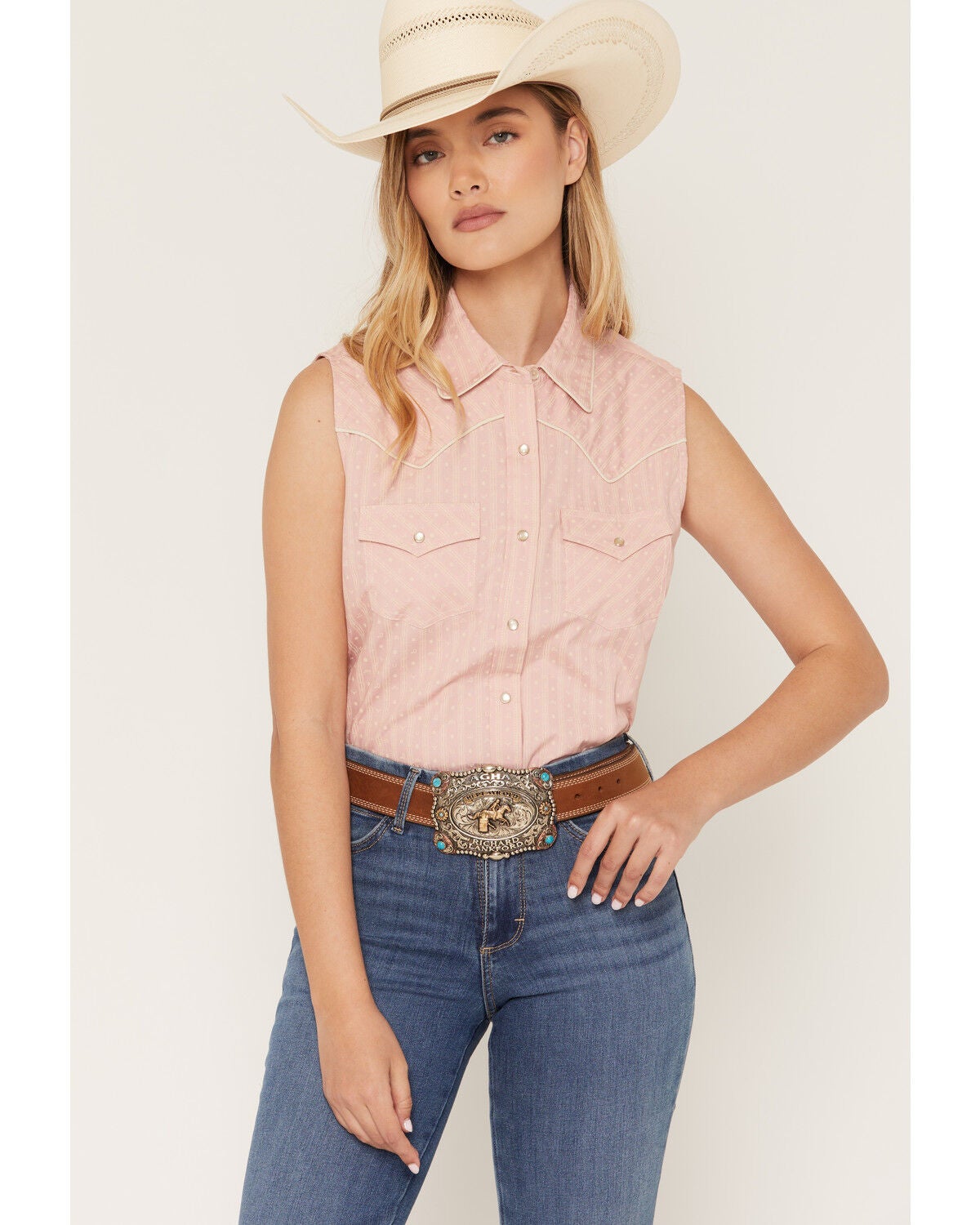 Ely Walker Women's Western Motif Stripe Print Sleeveless Snap Western Shirt, Pink, hi-res