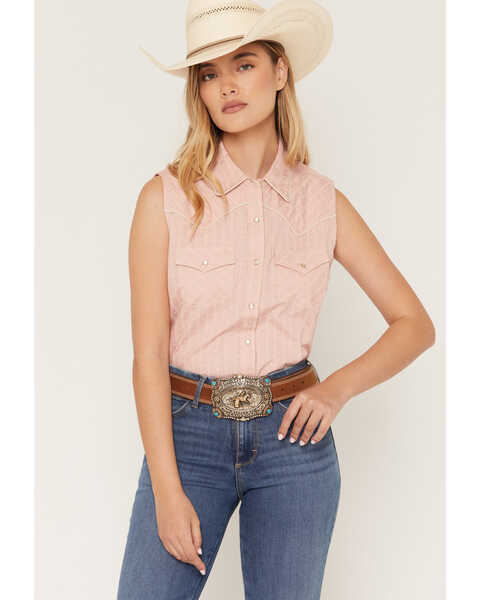 Ely Walker Women's Western Motif Stripe Print Sleeveless Snap Western Shirt, Pink, hi-res