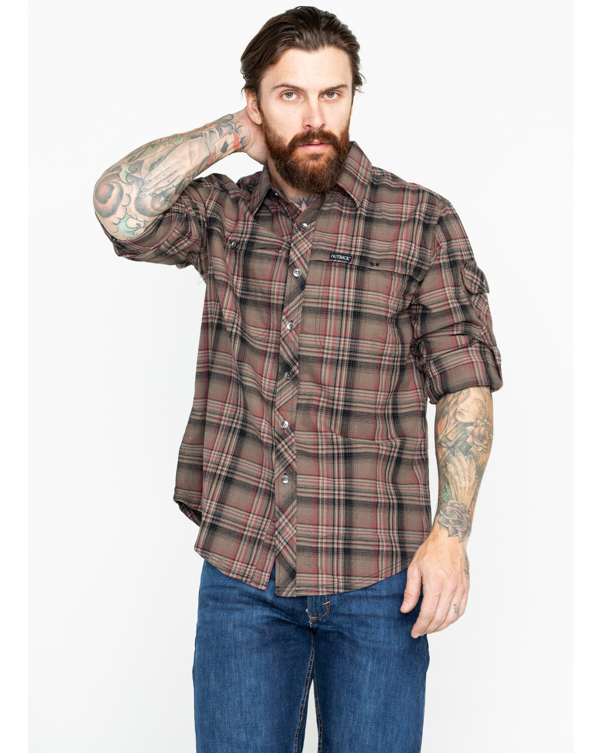 Image #5 - Outback Trading Co. Men's Plaid Print Laramie Perf. Long Sleeve Western Shirt, Olive, hi-res