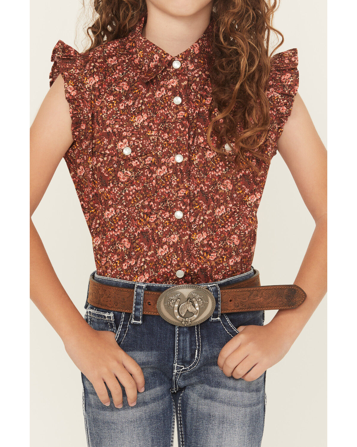 Shyanne Girls' Ditsy Floral Print Ruffle Sleeve Snap Stretch Western Shirt